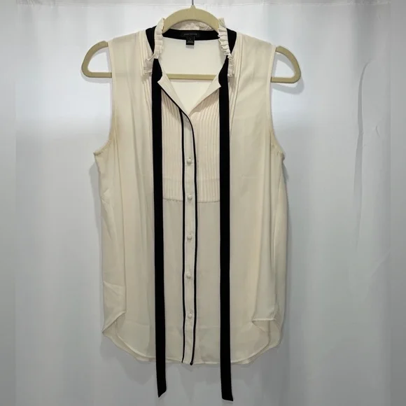Ann Taylor Cream Blouse With Black Neck Tie - Picture 2 of 8